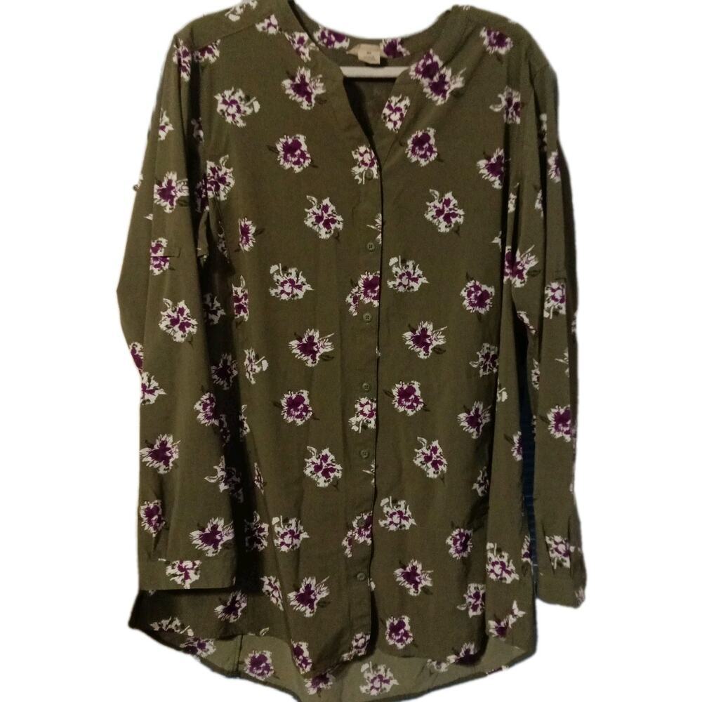 Duluth Trading Co L/S Tunic Sz XL Floral Button Down Zip Pocket Vented Gussets